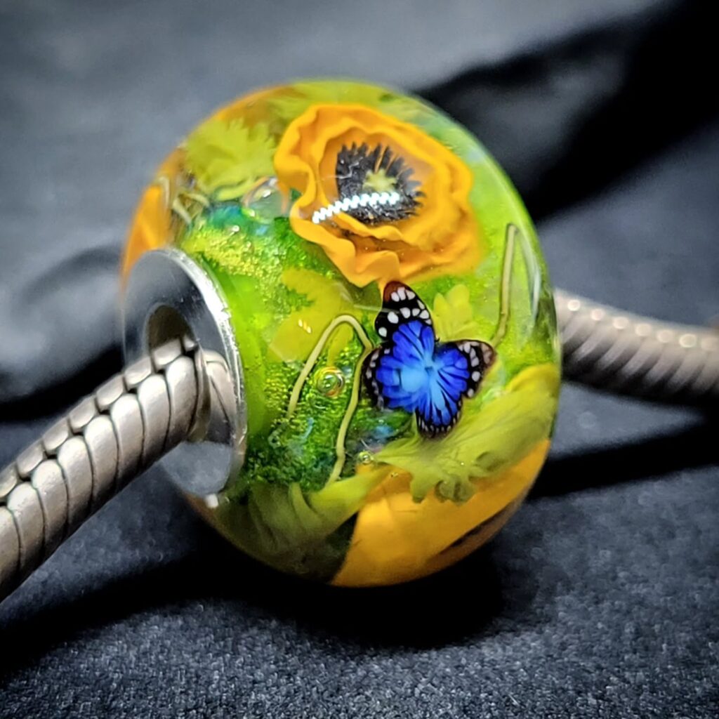 Yellow Poppy Blue Butterfly Bead