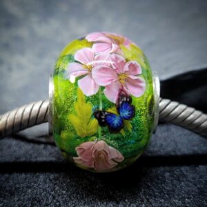 Pink Cherry blossom bead with blue butterflies