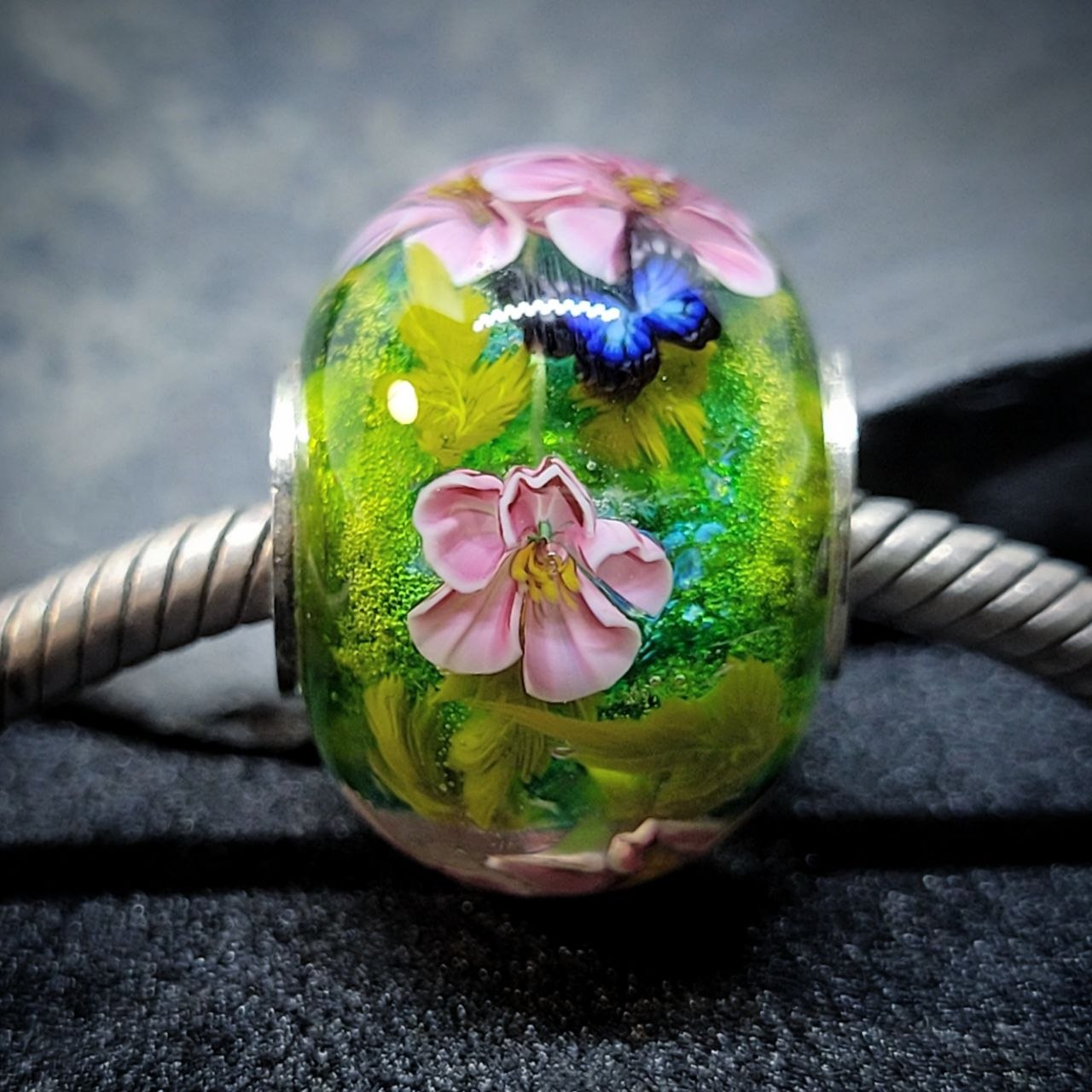 Pink Cherry blossom bead with blue butterflies - Image 8